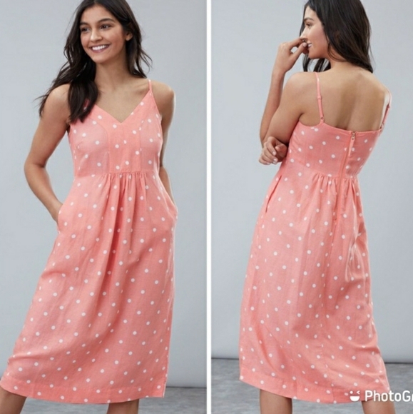 Joules Zoey Polka Dot Linen Midi Dress Coral Spot Sundress Sz 4 - Picture 1 of 9